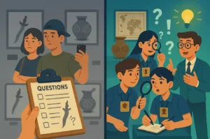 Perbandingan kunjungan museum pasif dengan aktif dimana siswa berperan sebagai detektif sejarah menggunakan kaca pembesar