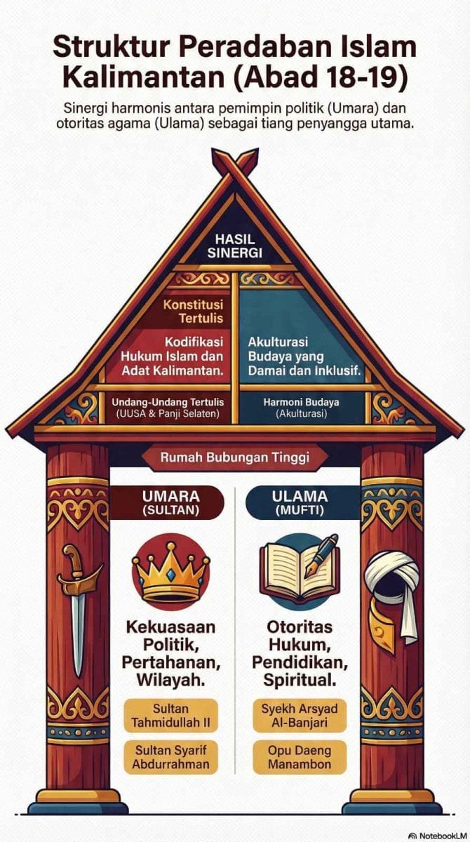 Ilustrasi diagram berbentuk Rumah Adat Banjar Bubungan Tinggi. Dua tiang penyangga utama melambangkan kolaborasi antara Sultan (Umara) dan Mufti (Ulama), yang menghasilkan atap peradaban berupa Undang-Undang Tertulis dan Akulturasi Budaya.