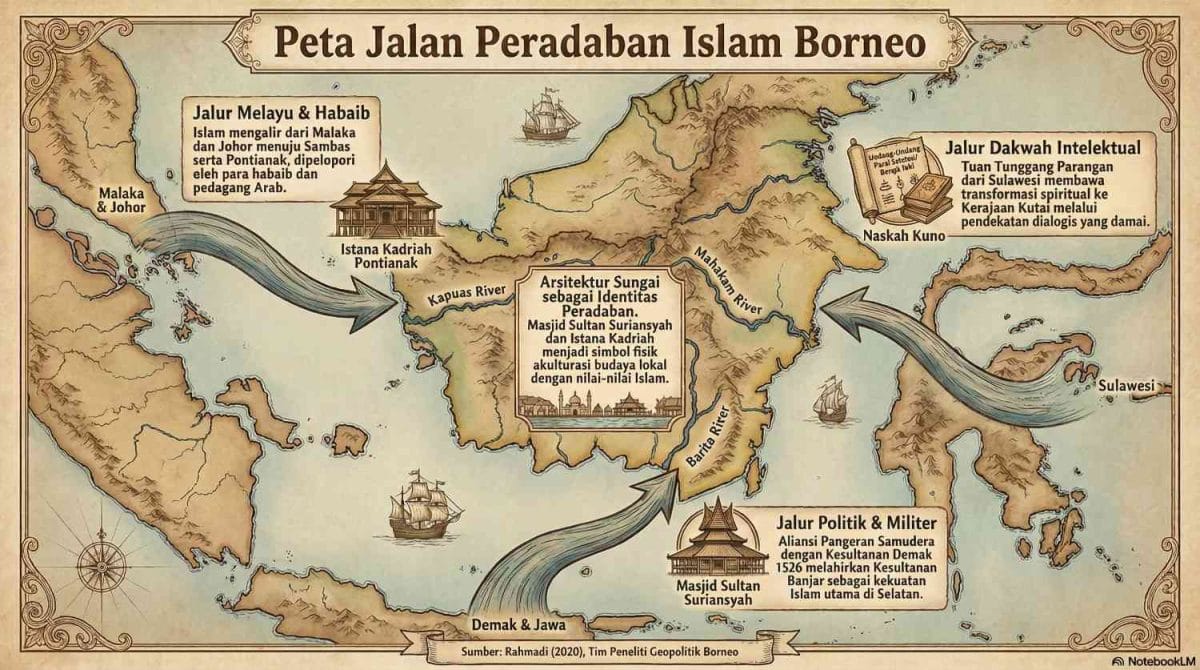 Infografis peta kuno Pulau Kalimantan (Borneo) yang menunjukkan tiga jalur utama masuknya Islam: Jalur Barat dari Malaka ke Pontianak, Jalur Selatan dari Demak ke Banjarmasin, dan Jalur Timur dari Sulawesi ke Kutai Kartanegara.