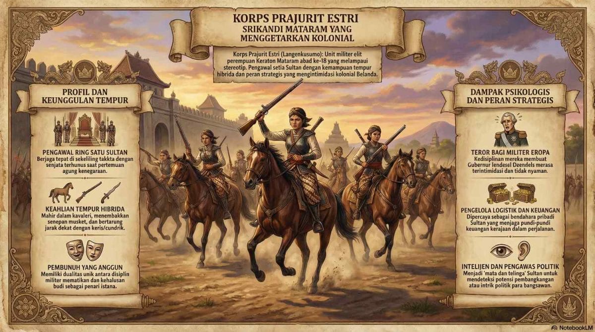 Ilustrasi pasukan elit Korps Prajurit Estri dari Kerajaan Mataram Islam sedang menunggang kuda dengan formasi siap tempur, memegang senapan musket kuno dan keris cundrik.