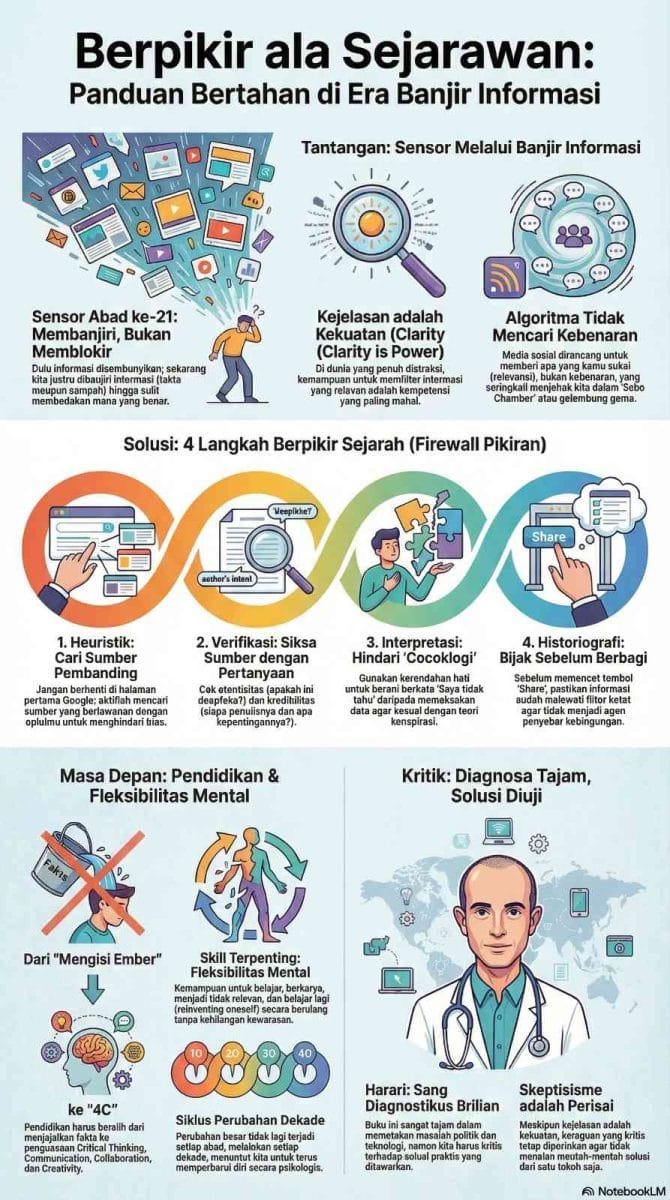 Infografis penjelasan 4 langkah metodologi sejarah untuk menyaring informasi di era digital: Heuristik (Pencarian), Verifikasi (Kritik Sumber), Interpretasi (Penafsiran Makna), dan Historiografi (Penulisan Kembali). Diadaptasi dari review buku 21 Lessons for the 21st Century karya Yuval Noah Harari.
