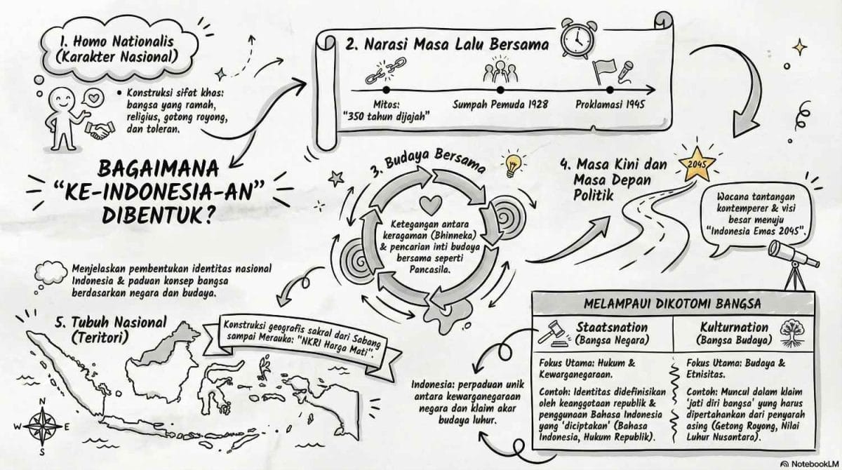 Infografis lima area tematik konstruksi identitas nasional Indonesia: homo nationalis, narasi masa lalu, budaya bersama, masa depan politik, dan tubuh nasional