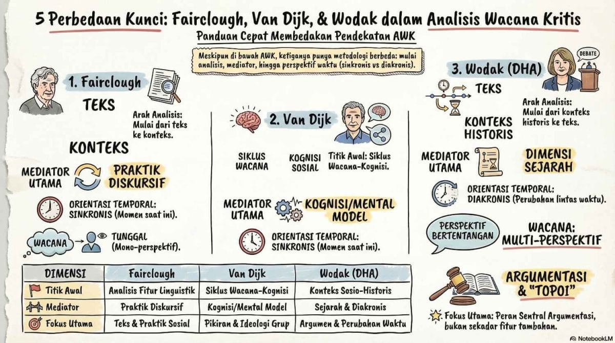 Infografis panduan cepat yang membandingkan 5 perbedaan kunci metodologi Fairclough, Van Dijk, dan Wodak dalam Analisis Wacana Kritis, mencakup arah analisis, mediator utama, orientasi temporal, konsep wacana, serta peran argumentasi, lengkap dengan tabel ringkasan dimensi di bagian bawah.