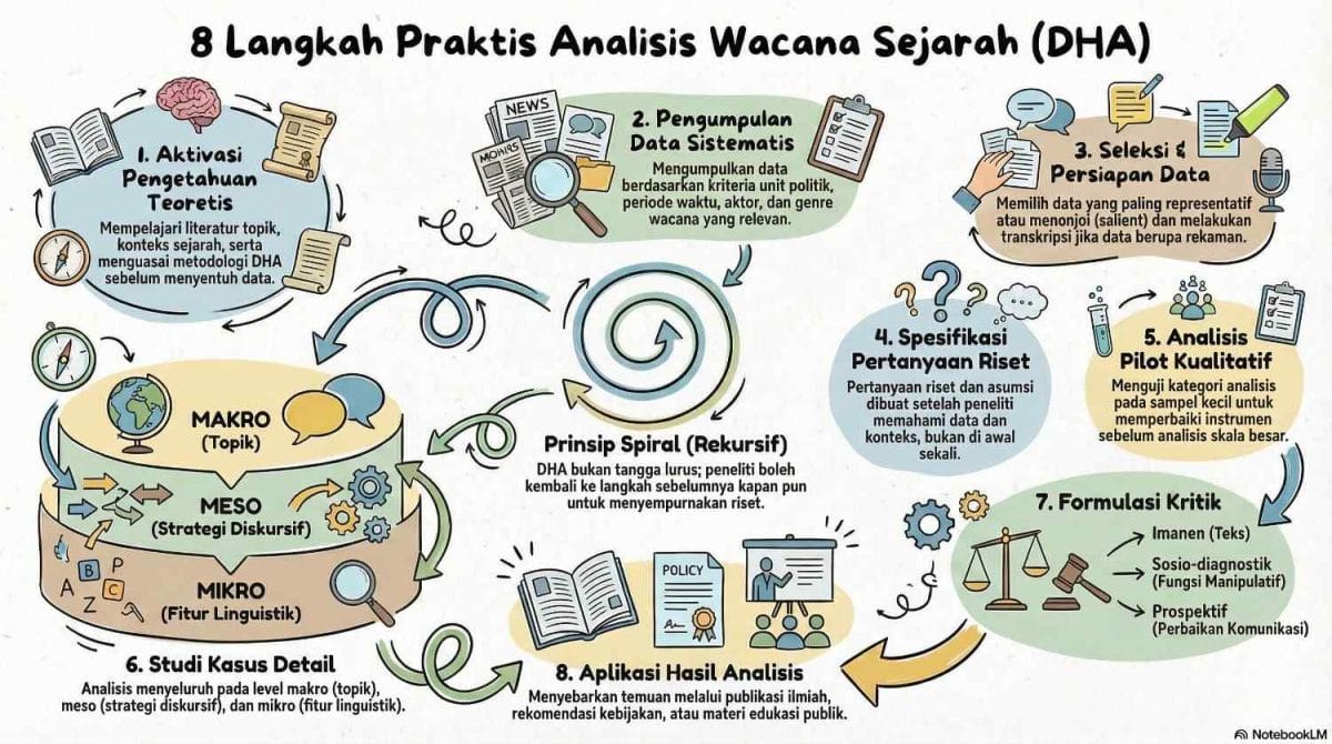 Infografis delapan langkah analisis DHA: dari aktivasi pengetahuan teoretis hingga aplikasi hasil, dengan prinsip spiral rekursif