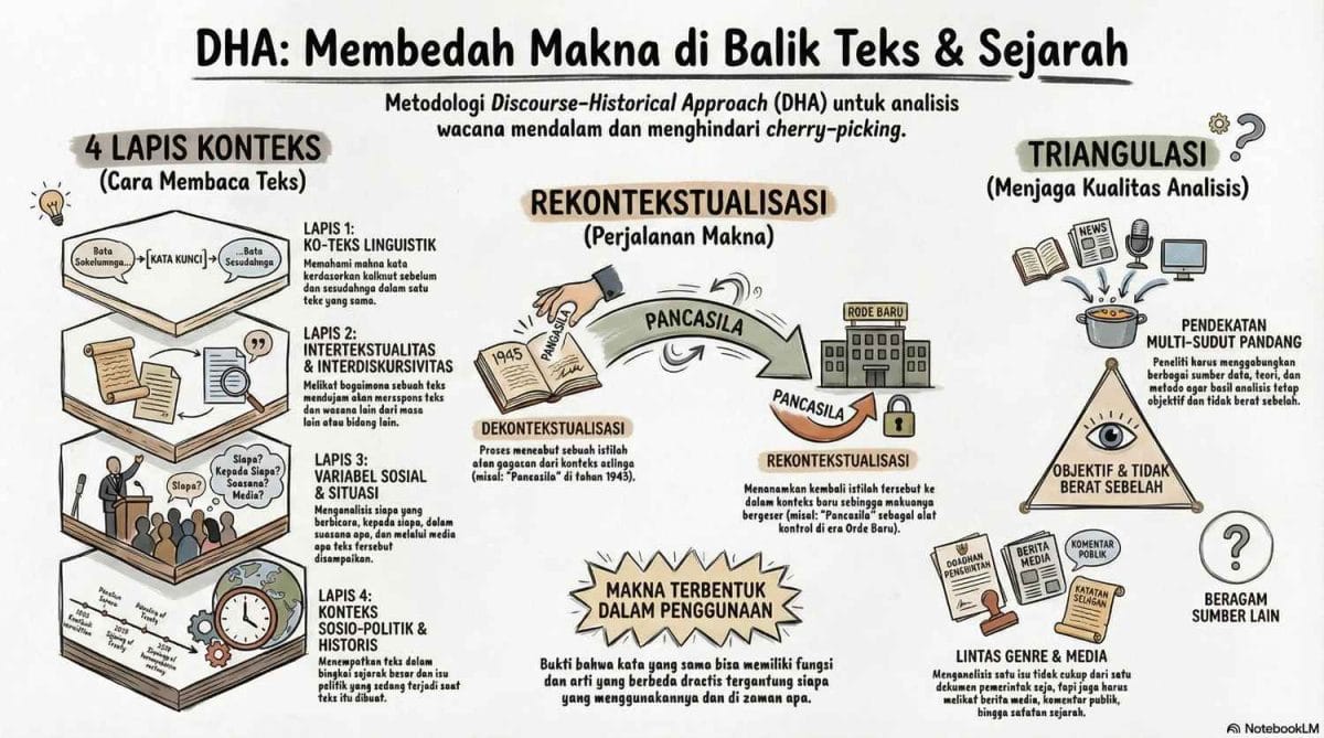 Infografis metodologi DHA: empat lapis konteks, rekontekstualisasi Pancasila dari 1945 ke Orde Baru, dan prinsip triangulasi