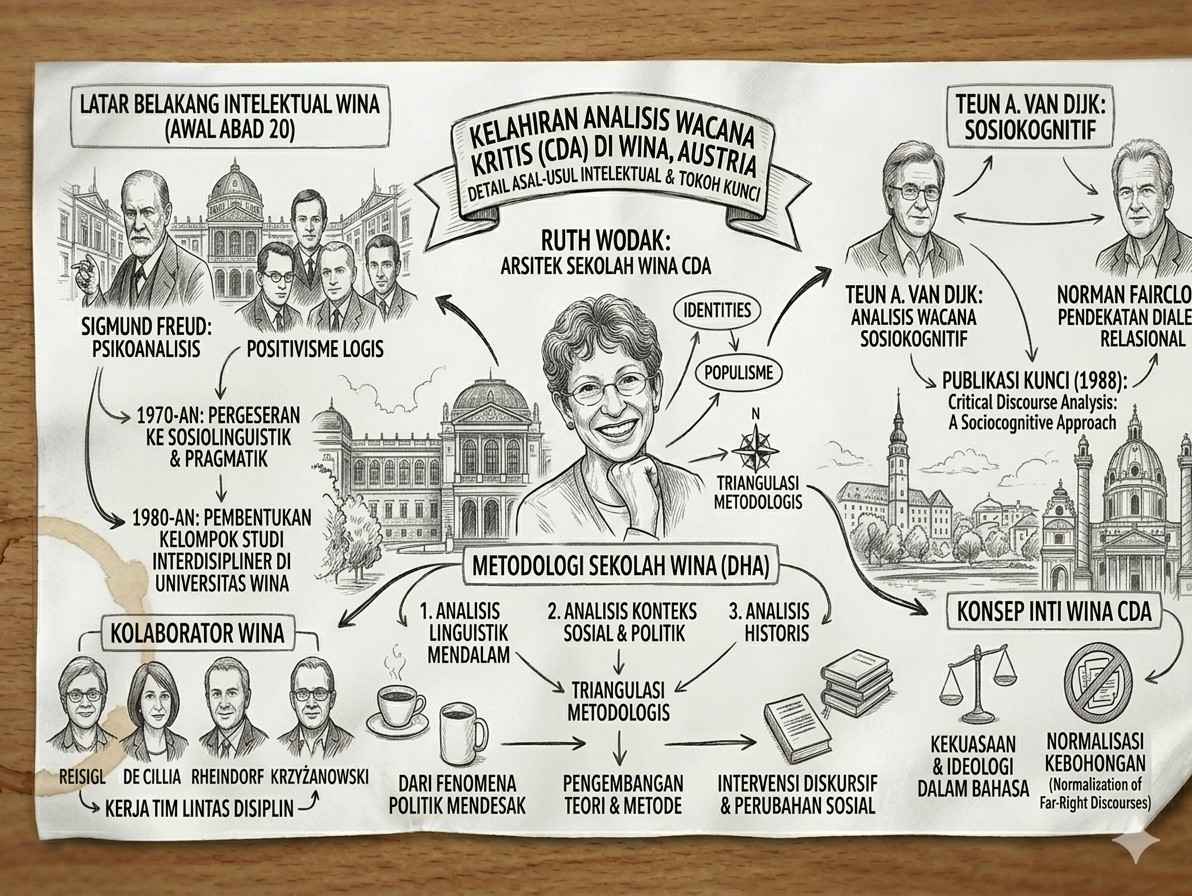 Infografis sketsa memetakan asal-usul intelektual, kolaborator, dan fondasi metodologi Discourse-Historical Approach (DHA) dengan Ruth Wodak sebagai tokoh sentral.