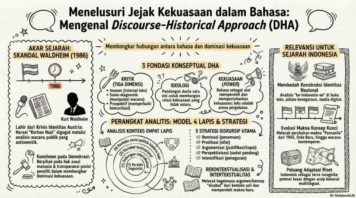 Infografis genealogi DHA dari skandal Waldheim 1986, menampilkan akar sejarah pendekatan ini di Austria, tiga fondasi konseptual (kritik, ideologi, kekuasaan), perangkat analitis model empat lapis dan lima strategi diskursif, serta relevansinya untuk sejarah Indonesia.