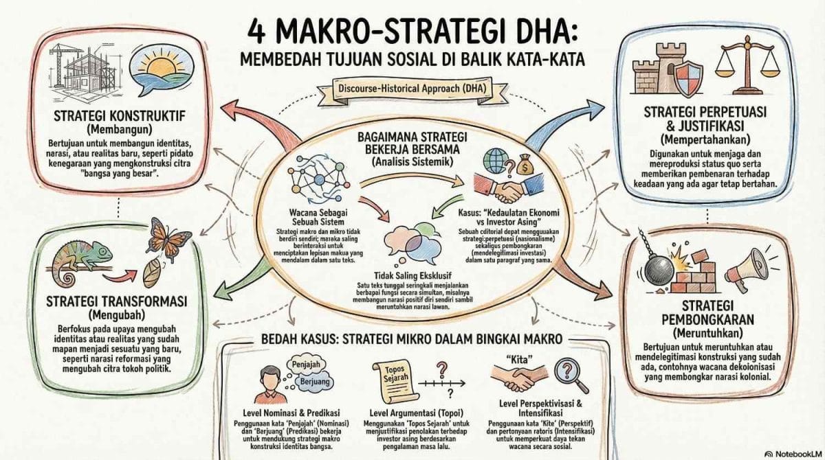 Infografis berjudul "4 MAKRO-STRATEGI DHA: MEMBEDAH TUJUAN SOSIAL DI BALIK KATA-KATA". Menjelaskan empat strategi utama: Strategi Konstruktif (ilustrasi gedung dibangun), Strategi Transformasi (ilustrasi metamorfosis kupu-kupu), Strategi Perpetuasi & Justifikasi (ilustrasi benteng dan timbangan hukum), dan Strategi Pembongkaran (ilustrasi bola besi penghancur dinding). Di bagian tengah dan bawah diilustrasikan bagaimana strategi ini bekerja bersama sebagai sistem yang tidak saling eksklusif, disertai contoh bedah kasus narasi "Kedaulatan Ekonomi vs Investor Asing".
