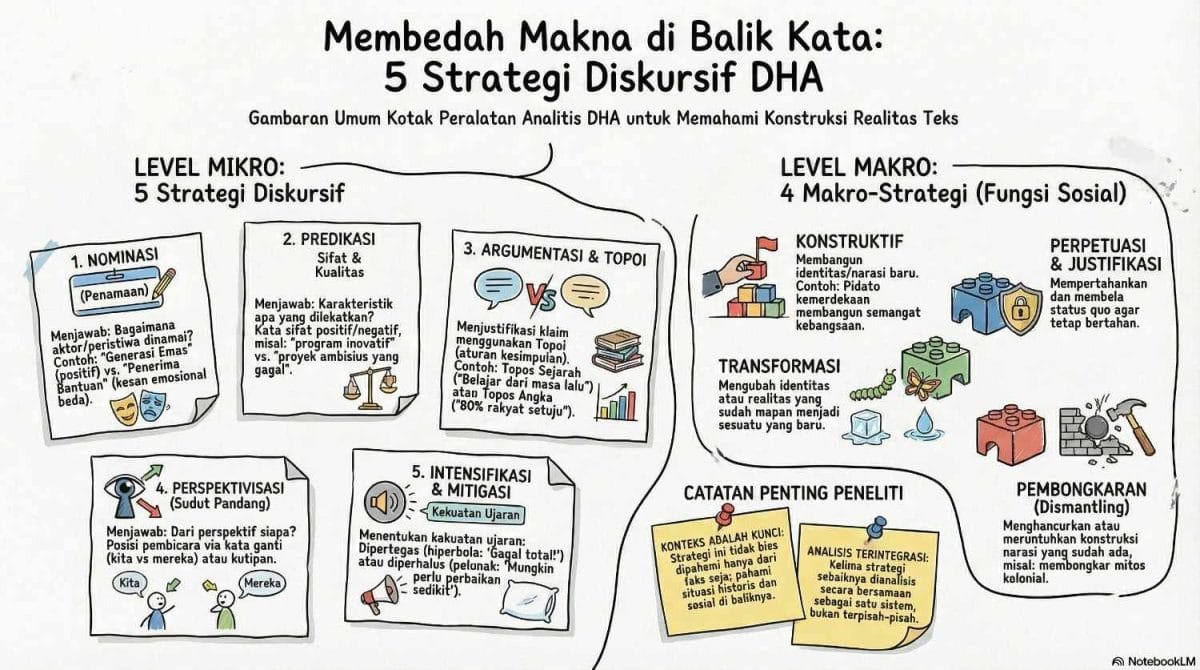 Infografis berjudul "Membedah Makna di Balik Kata: 5 Strategi Diskursif DHA". Visual ini membagi analisis menjadi dua sisi: Kiri untuk Level Mikro (5 Strategi Diskursif: Nominasi, Predikasi, Argumentasi & Topoi, Perspektivisasi, Intensifikasi & Mitigasi) dan Kanan untuk Level Makro (4 Makro-Strategi: Konstruktif, Transformasi, Perpetuasi & Justifikasi, Pembongkaran). Di bagian bawah terdapat kotak "Catatan Penting Peneliti" yang menekankan bahwa konteks adalah kunci dan analisis harus terintegrasi.