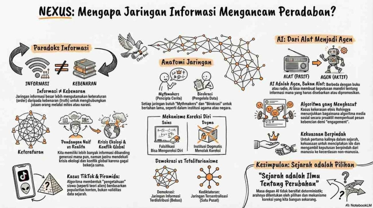 Infografis ringkasan buku Nexus Harari tentang paradoks informasi dan pergeseran kekuasaan ke AI
