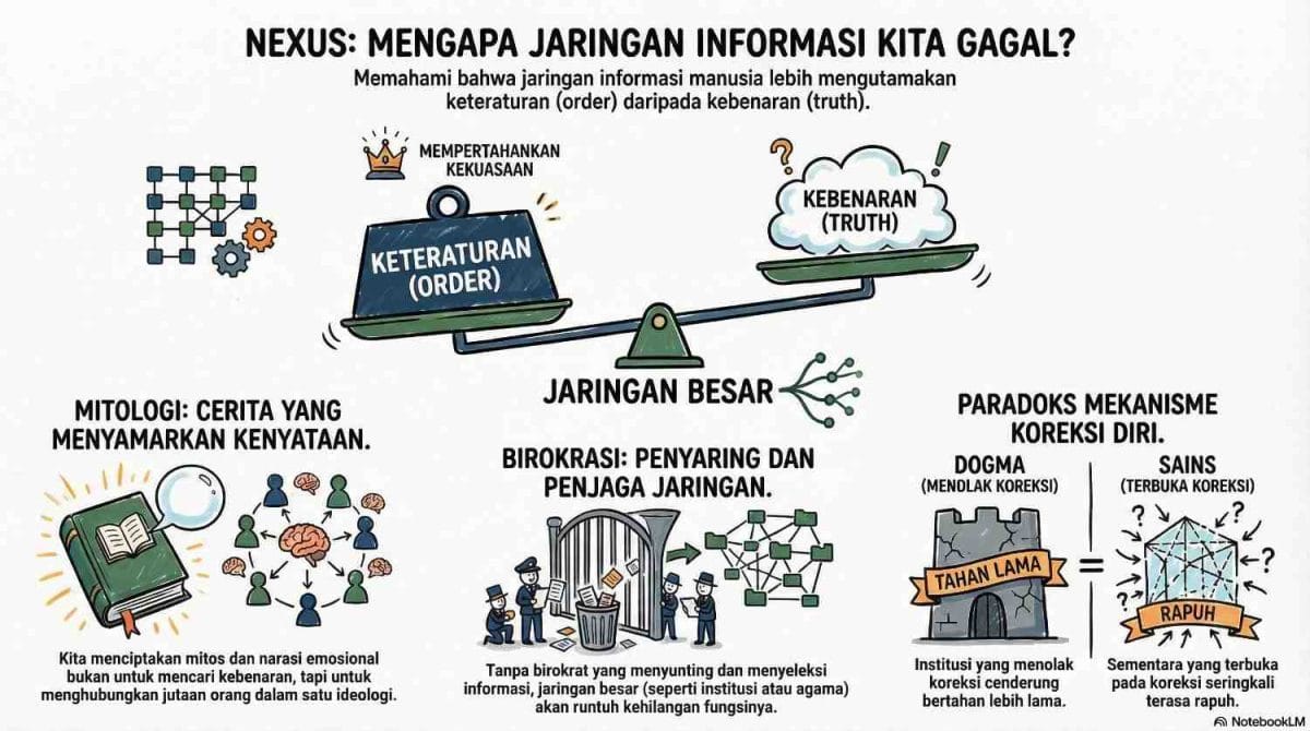 Infografis buku Nexus Harari menjelaskan jaringan informasi mengutamakan keteraturan order daripada kebenaran truth