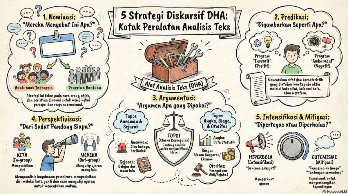 Infografis berjudul "5 Strategi Diskursif DHA (Discourse-Historical Approach): Kotak Peralatan Analisis Teks" dengan ilustrasi kotak perkakas di tengah. Menampilkan lima strategi mikro: 1. Nominasi ("Mereka Menyebut Ini Apa?"), 2. Predikasi ("Digambarkan Seperti Apa?"), 3. Argumentasi ("Argumen Apa yang Dipakai?" berpusat pada Topoi), 4. Perspektivisasi ("Dari Sudut Pandang Siapa?"), dan 5. Intensifikasi & Mitigasi ("Dipertegas atau Diperhalus?"). Terdapat ilustrasi pendukung untuk tiap strategi, seperti pengeras suara untuk hiperbola dan timbangan untuk argumen.