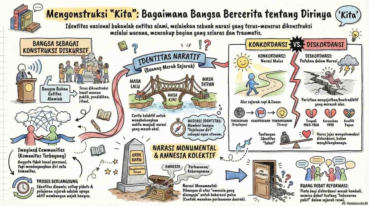 Infografis konstruksi identitas nasional DHA: bangsa sebagai konstruksi diskursif, identitas naratif, serta perbedaan konkordansi dan diskordansi dalam narasi sejarah Indonesia
