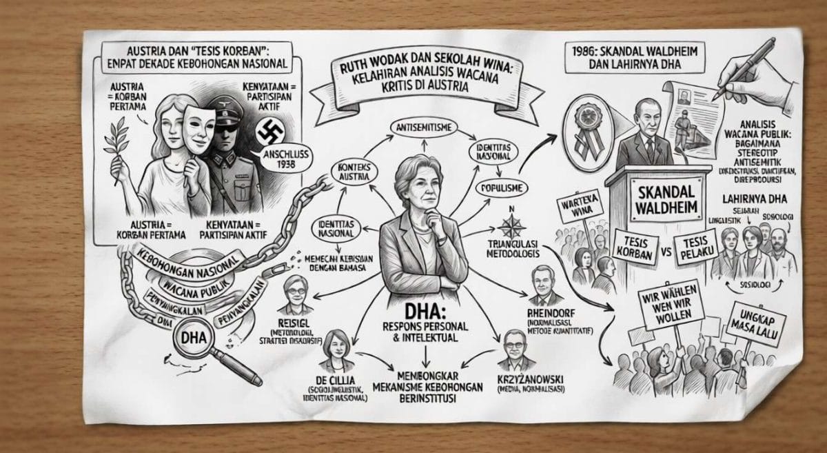 Ilustrasi sketsa sejarah lahirnya DHA, menggambarkan bagaimana Ruth Wodak dan tim merespons "Tesis Korban" Austria dan Skandal Waldheim 1986.