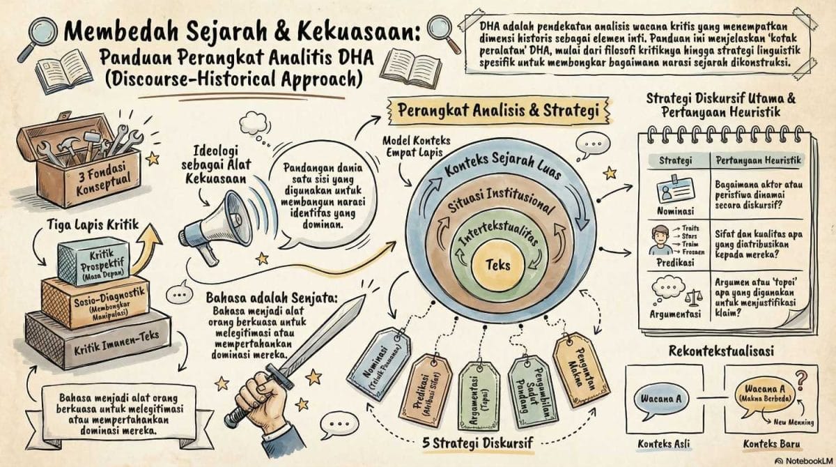 Infografis perangkat analitis DHA meliputi tiga fondasi konseptual (kritik, ideologi, kekuasaan), model konteks empat lapis, lima strategi diskursif, pertanyaan heuristik, dan konsep rekontekstualisasi.