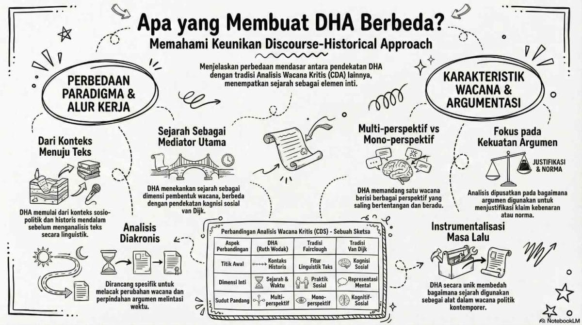 Infografis perbandingan DHA dengan tradisi CDA lain, menampilkan perbedaan paradigma dan alur kerja (arah analisis dari konteks ke teks, analisis diakronis, sejarah sebagai mediator) serta karakteristik wacana DHA (multi-perspektif, fokus argumentasi, instrumentalisasi masa lalu), dilengkapi tabel komparasi DHA, Fairclough, dan van Dijk.