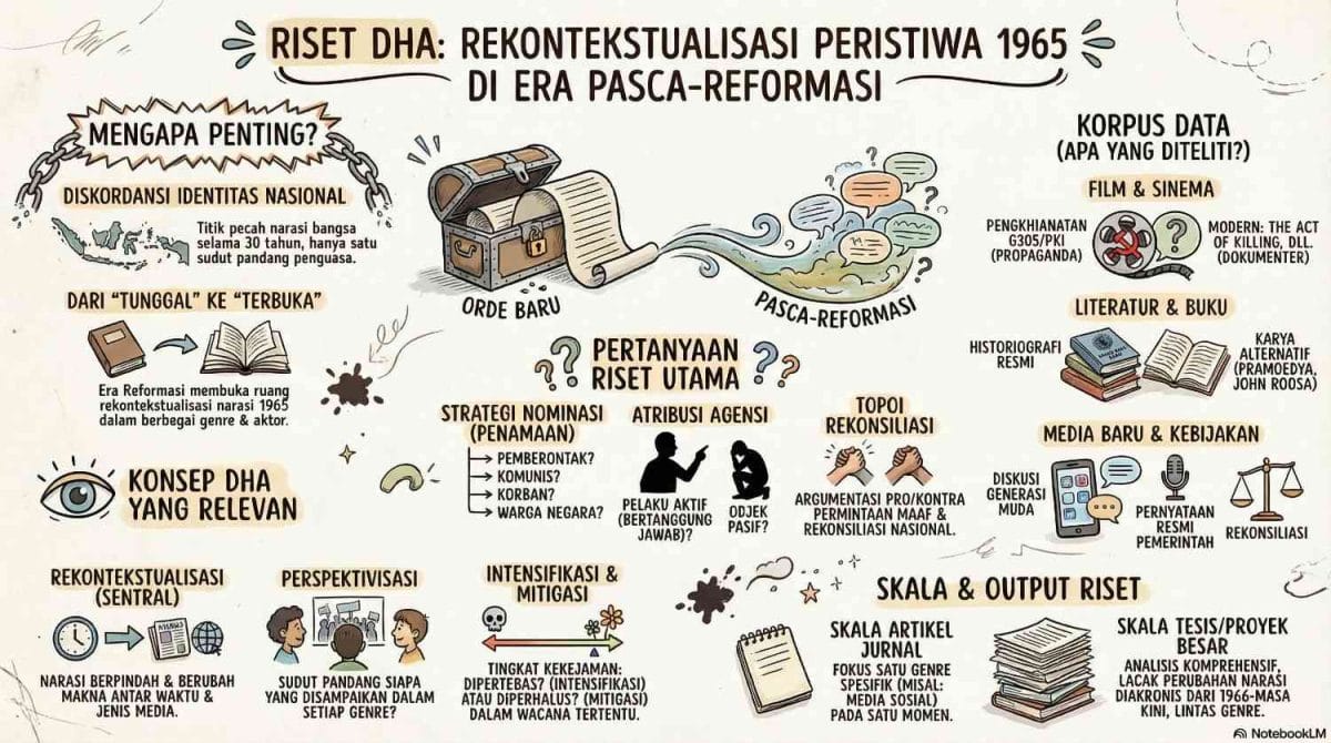 Infografis riset DHA proyek wacana kolonial multilingual: sumber arsip ANRI dan Delpher, pertanyaan riset Ethische Politiek, dan konsep rekontekstualisasi lintas bahasa Belanda-Melayu-Jawa