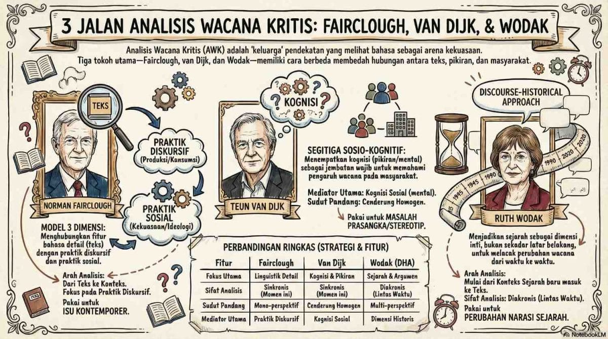 Infografis yang menampilkan tiga tokoh utama Analisis Wacana Kritis (AWK) beserta model pendekatan mereka: Norman Fairclough dengan model 3 dimensi, Teun van Dijk dengan segitiga sosio-kognitif, dan Ruth Wodak dengan Discourse-Historical Approach (DHA), dilengkapi tabel perbandingan ringkas.