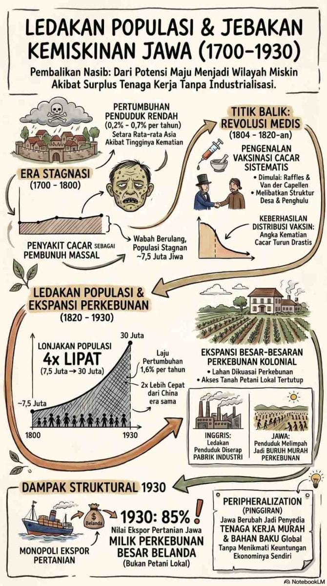 Diagram alir waktu (timeline) ledakan populasi Jawa dari tahun 1700 hingga 1930. Menampilkan bagaimana populasi yang awalnya stagnan di angka 7,5 juta jiwa akibat wabah cacar, melonjak menjadi 30 juta jiwa setelah pemerintah kolonial Belanda menjalankan program vaksinasi sistematis di awal abad ke-19. Surplus penduduk ini kemudian dimanfaatkan sebagai tenaga kerja murah untuk ekspansi besar-besaran perkebunan kolonial.