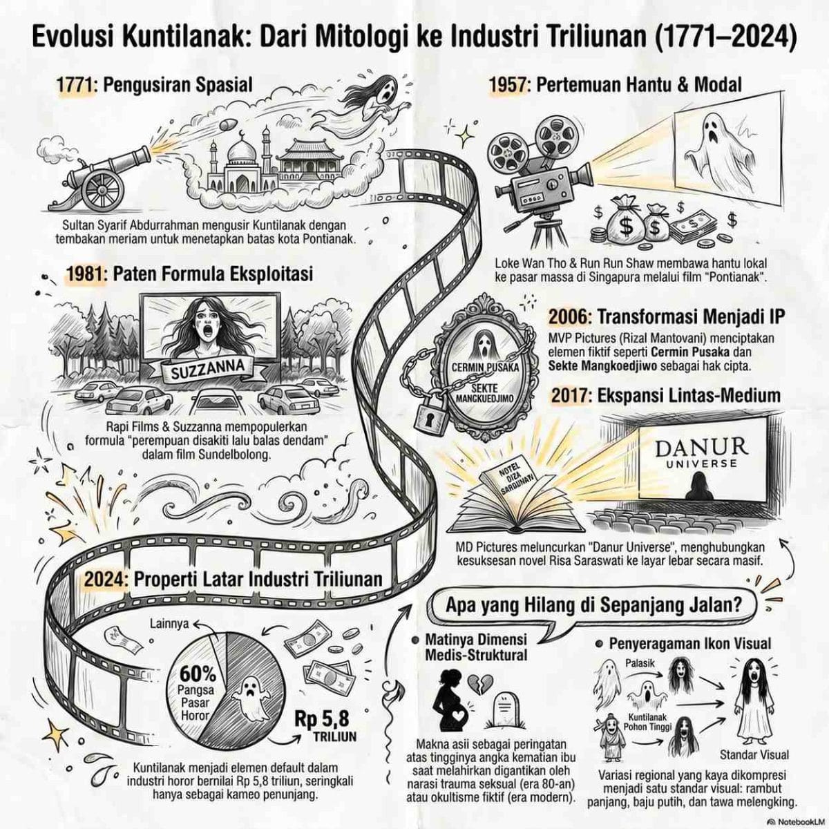 Infografis linimasa sejarah evolusi Kuntilanak dari mitos pendirian kota Pontianak tahun 1771 hingga komersialisasinya di industri film horor Indonesia bernilai triliunan rupiah pada 2024.