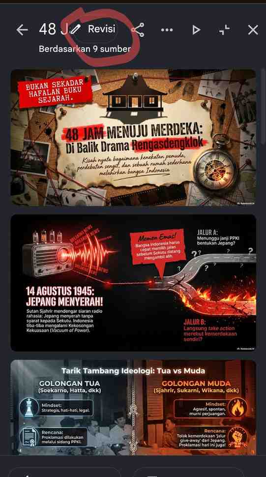 Tampilan galeri tiga slide dari deck presentasi NotebookLM bertema "48 Jam Menuju Merdeka: Di Balik Drama Rengasdengklok", lengkap dengan tombol Revisi di bagian atas.