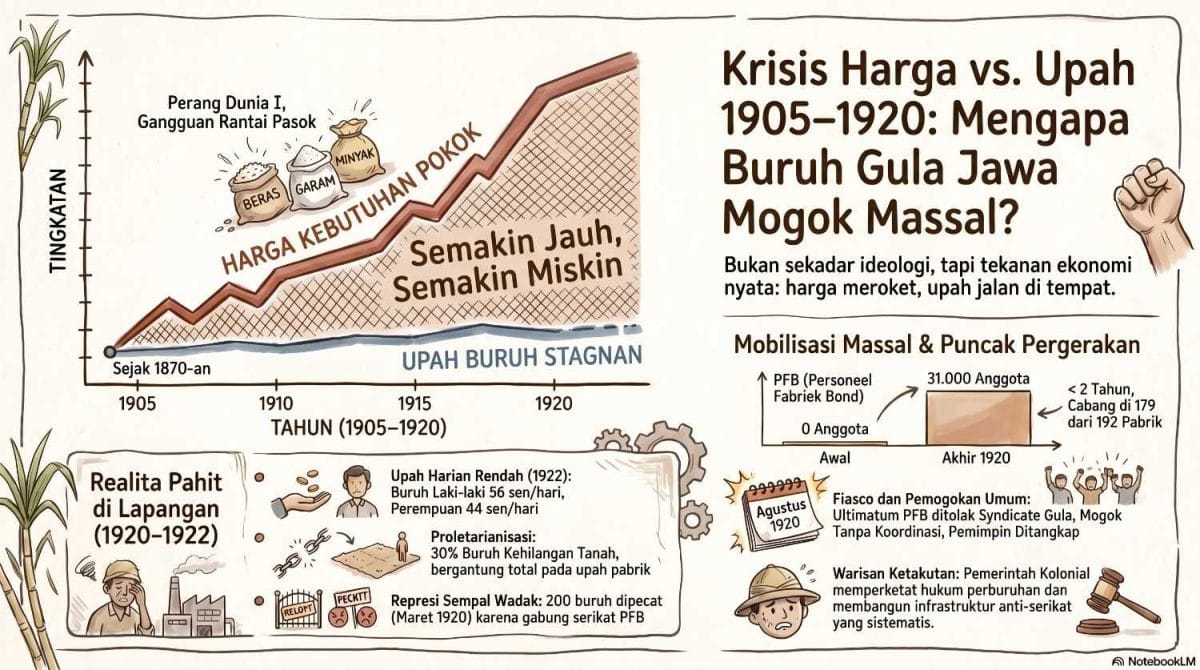 perbandingan krisis ekonomi tahun 1905-1920 yang menunjukkan melonjaknya harga kebutuhan pokok akibat Perang Dunia I berbenturan dengan garis upah buruh gula Jawa yang stagnan, memicu mobilisasi massal 31.000 anggota PFB.