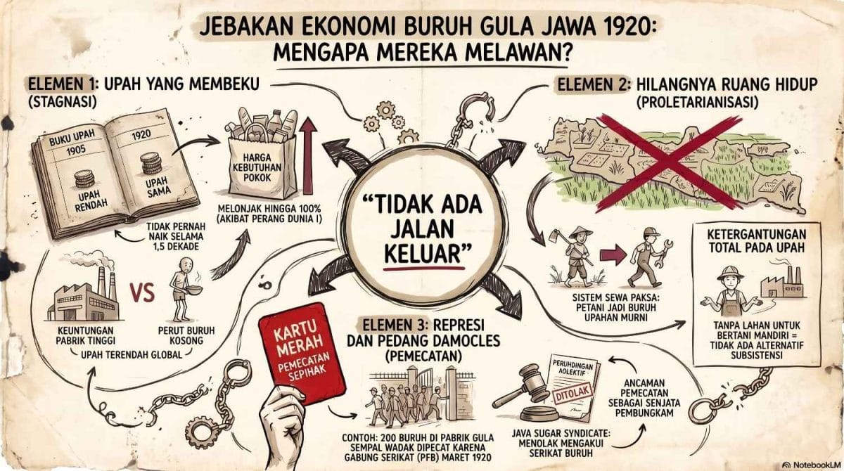Infografis jebakan ekonomi buruh gula Jawa tahun 1920 yang menjelaskan tiga elemen penyebab pemogokan: upah yang stagnan selama 15 tahun, hilangnya lahan pertanian (proletarianisasi), dan represi berupa ancaman pemecatan sepihak.