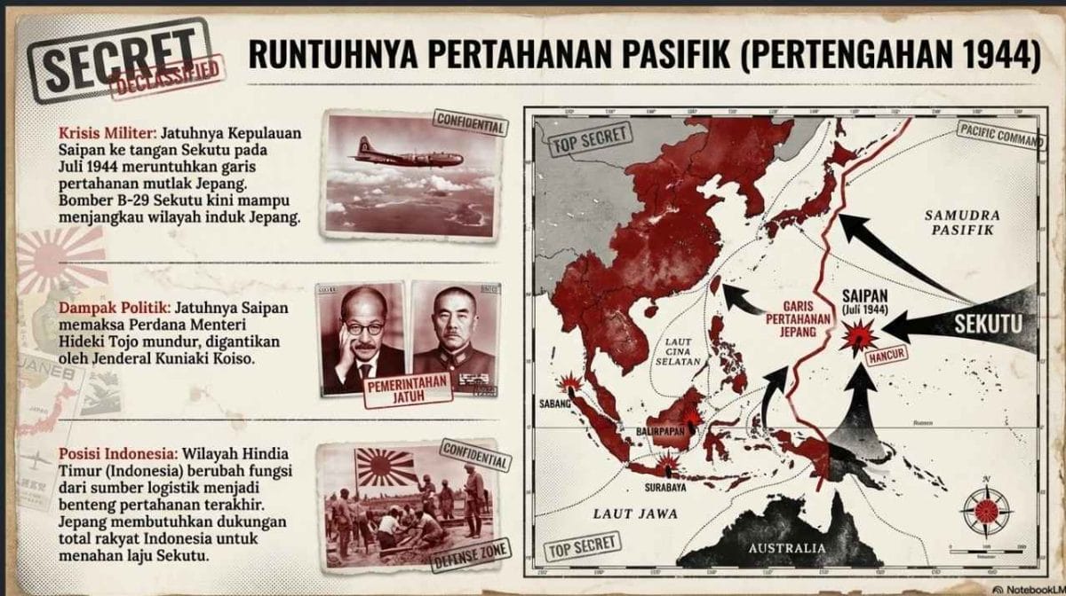 Slide infografis bergaya dokumen declassified menampilkan peta Asia-Pasifik dengan garis pertahanan Jepang, jatuhnya Saipan, dan jalur serangan Sekutu pada pertengahan 1944.