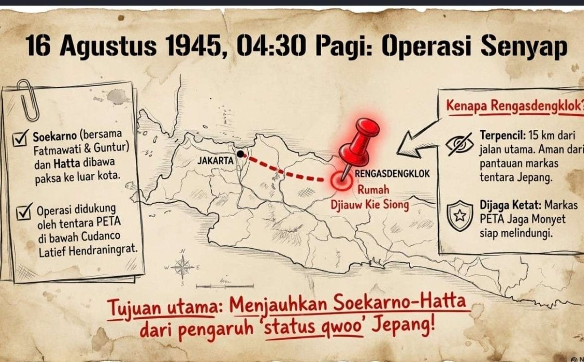 Slide peta Operasi Senyap 16 Agustus 1945 yang menampilkan rute Jakarta ke Rengasdengklok, dengan kesalahan penulisan "status qwoo" di bagian bawah slide.