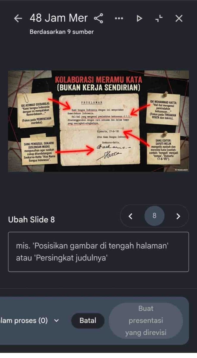 Antarmuka revisi per slide NotebookLM menampilkan infografis bertema naskah Proklamasi dengan kotak instruksi teks di bagian bawah layar.