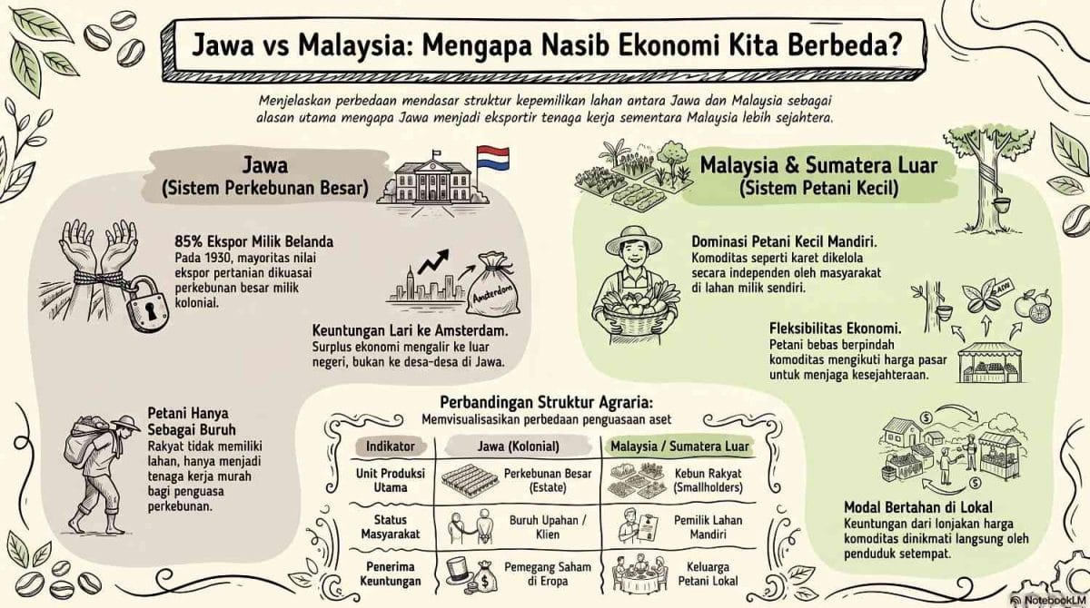 Infografis perbandingan struktur penguasaan lahan antara Jawa dan Malaysia pada masa kolonial. Sisi kiri menunjukkan Jawa dengan Sistem Perkebunan Besar Belanda yang menjadikan petani sekadar buruh murah. Sisi kanan menunjukkan Malaysia dan Sumatera Luar dengan Sistem Petani Kecil yang mandiri, di mana petani menikmati keuntungan langsung dari lonjakan harga komoditas global.