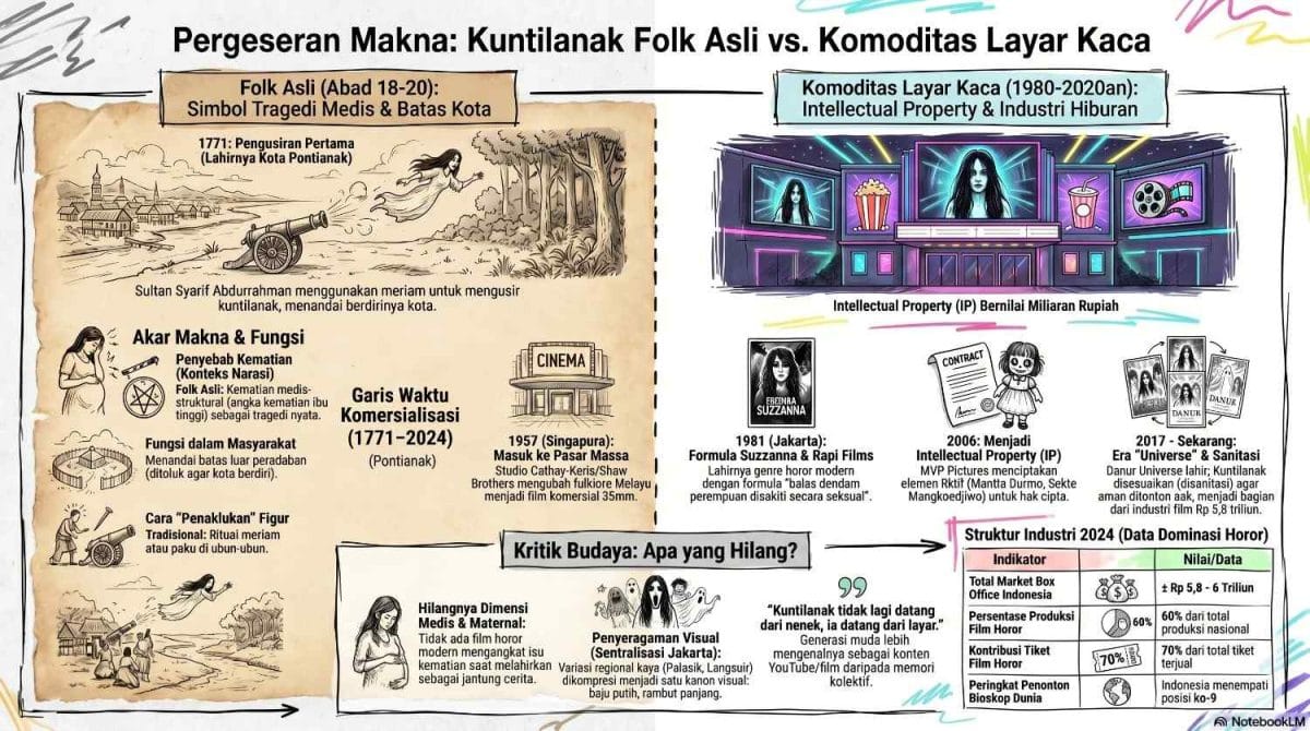 Perbandingan visual pergeseran makna Kuntilanak dari simbol tragedi medis kematian ibu pada abad 18 menjadi properti hak cipta bernilai miliaran rupiah di industri hiburan modern.