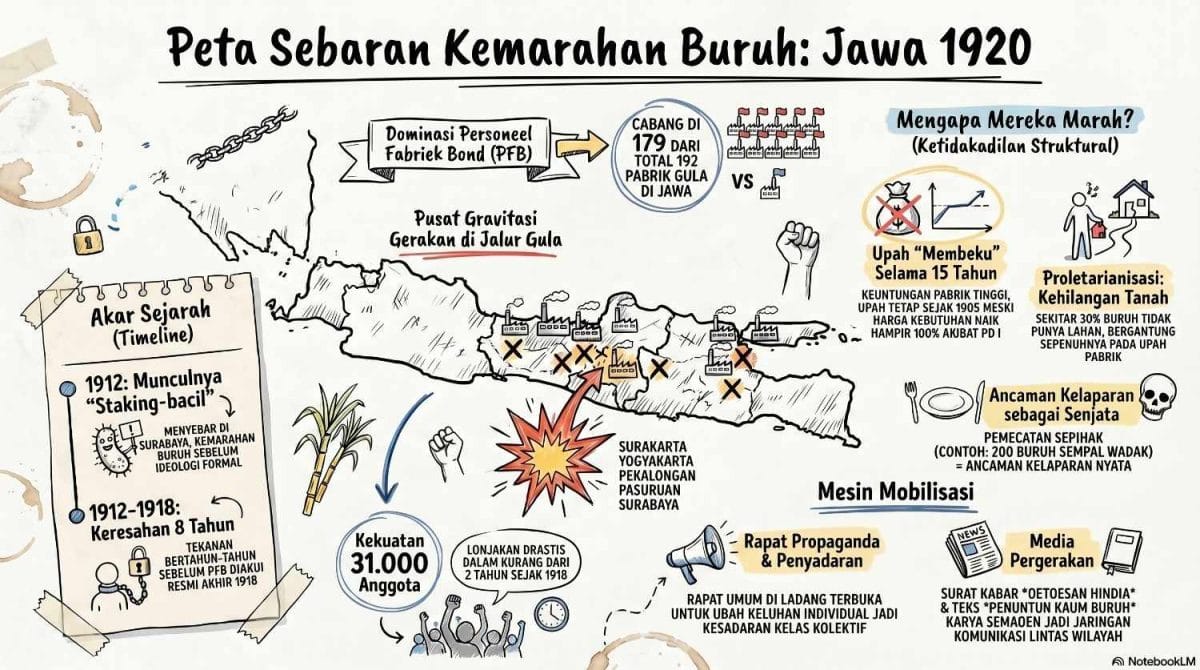 Peta pulau Jawa yang menampilkan titik-titik sebaran pemogokan buruh gula tahun 1920, mencakup akar sejarah kemunculan 'kuman pemogokan' sejak 1912 di Surabaya, serta mesin mobilisasi melalui rapat propaganda dan media cetak.