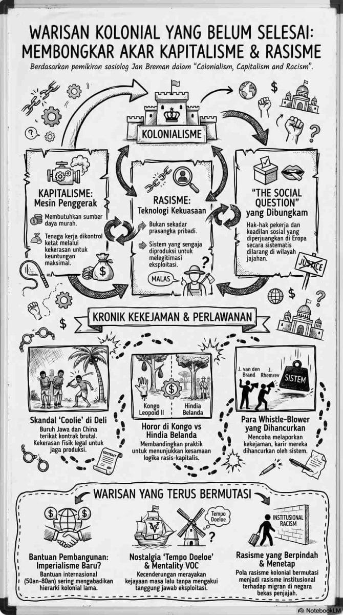 Infografis ringkasan materi sebagai pelengkap review buku Jan Breman (Colonialism, Capitalism and Racism). Sketsa visual ini berjudul "Warisan Kolonial yang Belum Selesai" dan memetakan tiga bagian utama. Bagian atas menggambarkan siklus Kolonialisme, Kapitalisme, dan Rasisme sebagai satu mesin eksploitasi dan teknologi kekuasaan. Bagian tengah berisi "Kronik Kekejaman & Perlawanan" yang membandingkan Skandal Coolie di Deli dengan horor di Kongo, serta perjuangan para whistle-blower. Bagian bawah menunjukkan "Warisan yang Terus Bermutasi" melalui kedok Bantuan Pembangunan, nostalgia era VOC, dan rasisme institusional di masa kini.