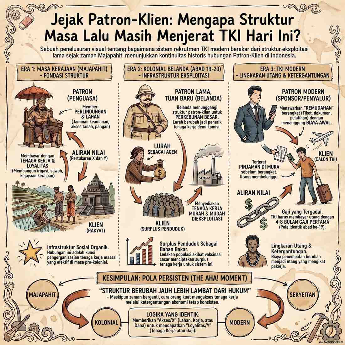 Infografis yang melacak jejak sejarah struktur patron-klien di Indonesia dalam tiga era. Era pertama menunjukkan masa kerajaan Majapahit sebagai fondasi pengorganisasian tenaga kerja organik. Era kedua memperlihatkan kolonial Belanda yang menggunakan lurah lokal sebagai agen penarik tenaga kerja. Era ketiga menggambarkan sistem TKI modern, di mana sponsor atau penyalur mengikat calon pekerja migran dengan lingkaran utang biaya penempatan sebelum berangkat.