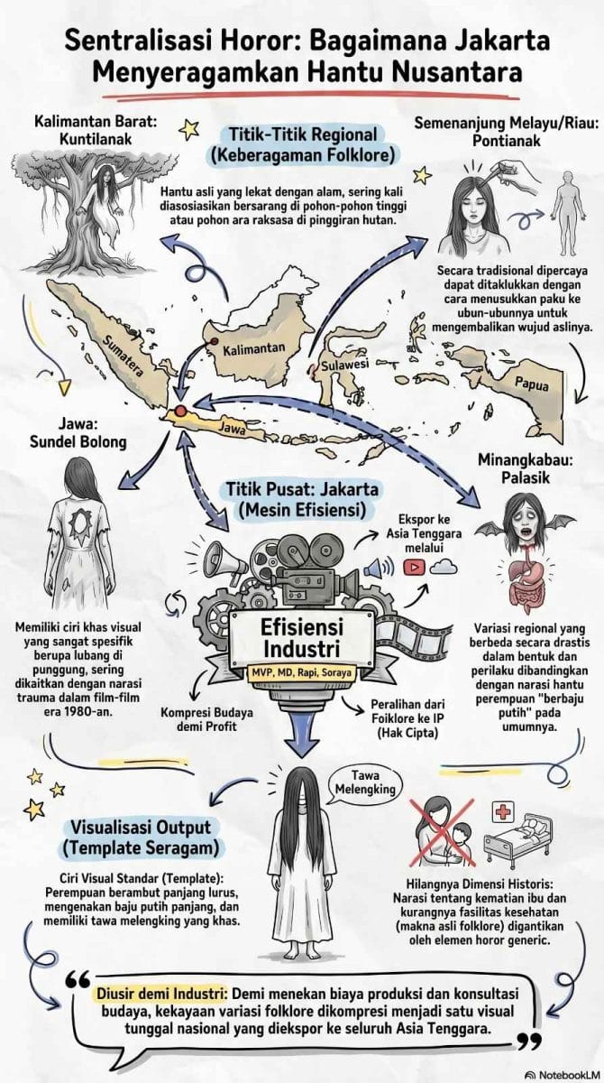Peta ilustrasi sentralisasi industri film horor di Jakarta yang menghapus keberagaman folklore daerah dengan menyeragamkan hantu seperti Palasik dan Sundel Bolong menjadi satu visual Kuntilanak berbaju putih.