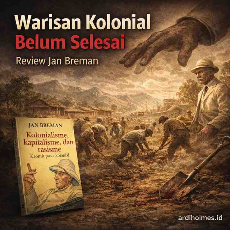 Infografis ringkasan materi sebagai pelengkap review buku Jan Breman (Colonialism, Capitalism and Racism). Sketsa visual ini berjudul "Warisan Kolonial yang Belum Selesai" dan memetakan tiga bagian utama. Bagian atas menggambarkan siklus Kolonialisme, Kapitalisme, dan Rasisme sebagai satu mesin eksploitasi dan teknologi kekuasaan. Bagian tengah berisi "Kronik Kekejaman & Perlawanan" yang membandingkan Skandal Coolie di Deli dengan horor di Kongo, serta perjuangan para whistle-blower. Bagian bawah menunjukkan "Warisan yang Terus Bermutasi" melalui kedok Bantuan Pembangunan, nostalgia era VOC, dan rasisme institusional di masa kini.