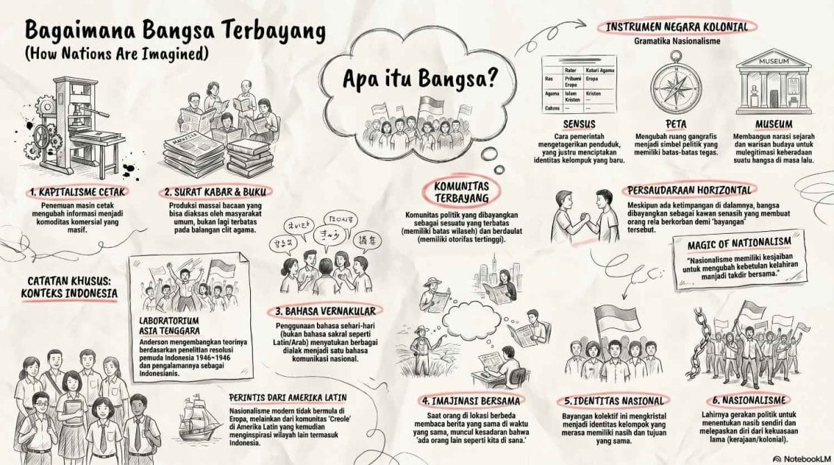 Infografis sketsa tangan berjudul “Bagaimana Bangsa Terbayang” yang menjelaskan teori Benedict Anderson tentang bangsa, komunitas terbayang, print capitalism, bahasa vernakular, dan nasionalisme.
