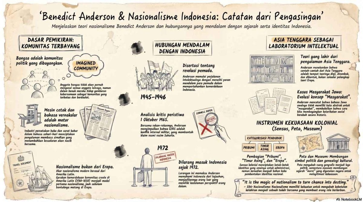 Infografis sketsa tangan bertema Benedict Anderson dan nasionalisme Indonesia, menampilkan komunitas terbayang, revolusi 1945–1946, Cornell Paper, pembuangan Anderson, dan instrumen kolonial seperti sensus, peta, dan museum.