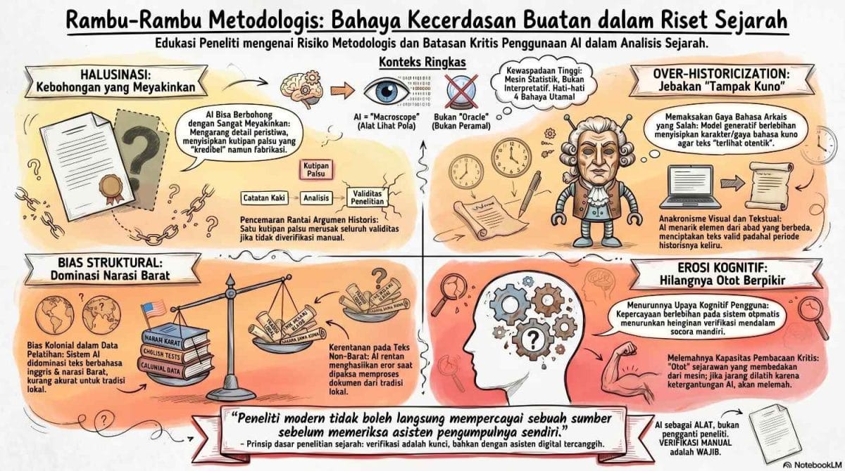 Infografis empat bahaya metodologis penggunaan AI dalam analisis sejarah: Halusinasi berupa fabrikasi kutipan palsu, Bias Struktural akibat dominasi narasi sejarah Barat, Over-historicization atau anakronisme gaya bahasa kuno, serta Erosi Kognitif yang melemahkan otot berpikir kritis sejarawan akibat ketergantungan otomatisasi.