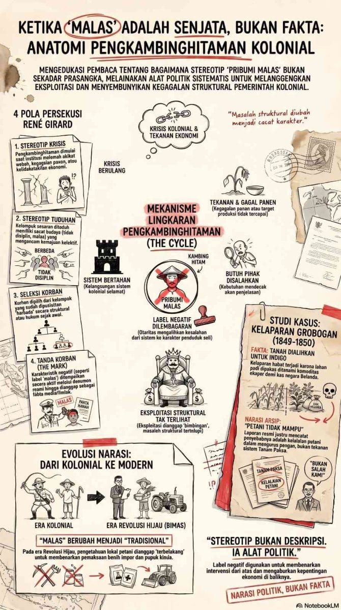 Infografis empat stereotip persekusi René Girard dalam konteks kolonialisme Hindia Belanda, meliputi tahap krisis, tuduhan, seleksi korban, dan institutionalization label negatif terhadap pribumi.