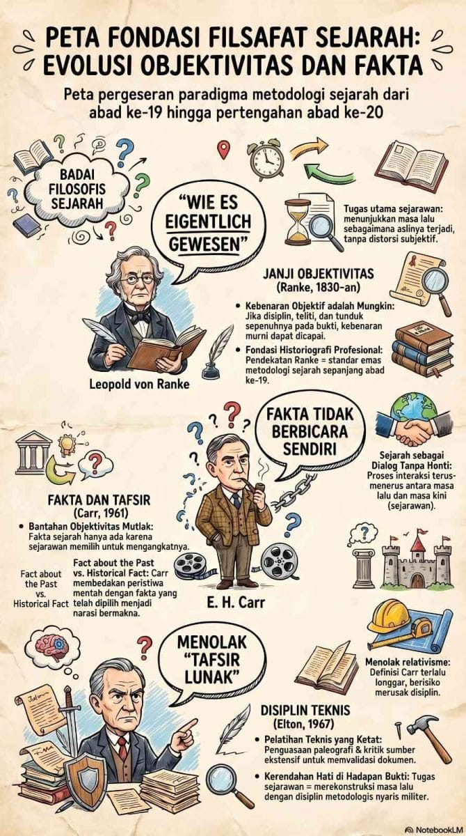 Infografis berjudul Peta Fondasi Filsafat Sejarah: Evolusi Objektivitas dan Fakta. Menampilkan ilustrasi Leopold von Ranke dengan janji objektivitas "wie es eigentlich gewesen", E. H. Carr dengan kutipan "Fakta Tidak Berbicara Sendiri" dan konsep sejarah sebagai dialog, serta G. R. Elton yang menekankan disiplin teknis ketat serta kerendahan hati di hadapan bukti.