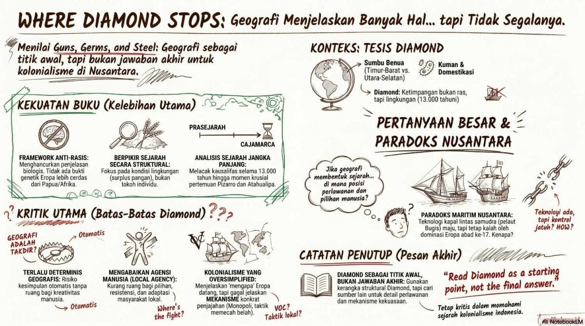 Visual bergaya doodle akademik dengan judul besar “Where Diamond Stops: Geografi Menjelaskan Banyak Hal... tapi Tidak Segalanya.” Latar berupa kertas krem dengan coretan tangan, garis merah, dan anotasi seperti catatan kuliah sejarah. Bagian kiri atas membahas kelebihan buku Guns, Germs, and Steel: kerangka anti-rasis, pendekatan struktural, dan analisis sejarah jangka panjang. Bagian kanan atas menjelaskan konteks tesis Diamond tentang sumbu benua, kuman, dan domestikasi. Di tengah terdapat bagian “Pertanyaan Besar & Paradoks Nusantara” dengan ilustrasi kapal layar dan pertanyaan tentang posisi perlawanan manusia dalam sejarah. Bagian bawah menyoroti kritik terhadap Diamond: determinisme geografis, minimnya pembahasan agency lokal, dan penyederhanaan kolonialisme. Terdapat ilustrasi globe, rantai putus, kapal VOC, dan catatan penutup bahwa Diamond adalah titik awal, bukan jawaban final.
