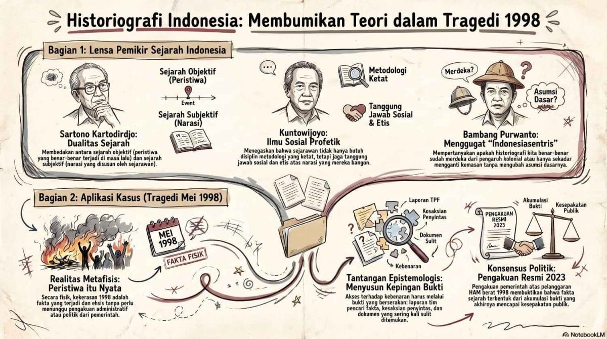 Infografis berjudul Historiografi Indonesia: Membumikan Teori dalam Tragedi 1998. Menampilkan pemikir sejarah Sartono Kartodirdjo dengan konsep Dualitas Sejarah, Kuntowijoyo dengan Ilmu Sosial Profetik, dan Bambang Purwanto yang menggugat Indonesiasentris. Bagian bawah menampilkan aplikasi kasus Tragedi Mei 1998, dari realitas fisik hingga mencapai pengakuan resmi melalui konsensus politik.