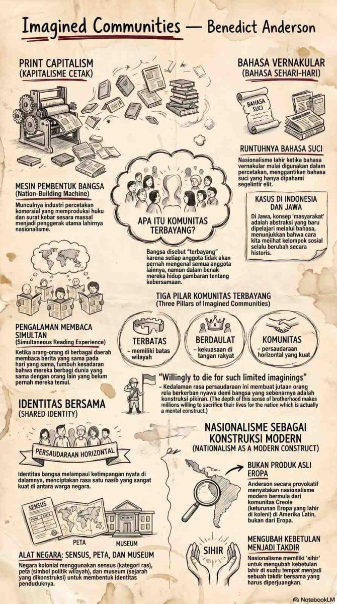 Infografis vertikal bertajuk “Imagined Communities — Benedict Anderson” yang memvisualkan print capitalism, bahasa sehari-hari, pengalaman membaca simultan, identitas bersama, dan nasionalisme sebagai konstruksi modern.