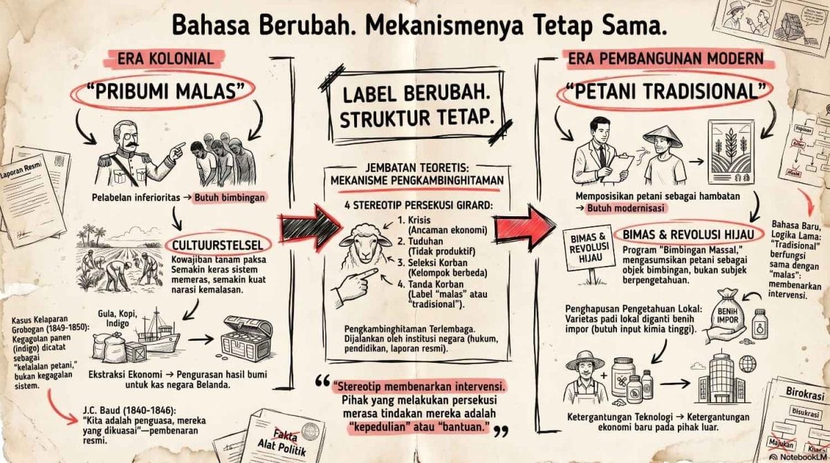 Infografis perbandingan antara stereotip kolonial “pribumi malas” dan narasi pembangunan modern “petani tradisional” dari era Tanam Paksa hingga Revolusi Hijau dan BIMAS di Indonesia.