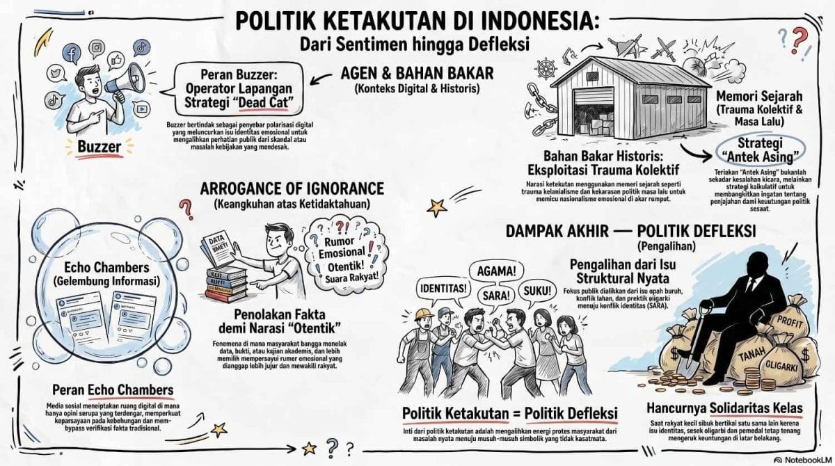 Infografis relevansi Review Buku The Politics of Fear di Indonesia, menyoroti peran buzzer politik, eksploitasi memori masa lalu, fenomena arrogance of ignorance dalam echo chambers, serta dampak akhirnya berupa politik defleksi.