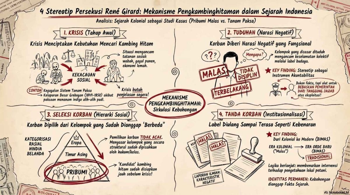 Infografis mekanisme pengkambinghitaman kolonial yang menjelaskan bagaimana krisis ekonomi dan kegagalan sistem Tanam Paksa diubah menjadi stereotip “pribumi malas” untuk membenarkan eksploitasi kolonial di Hindia Belanda.
