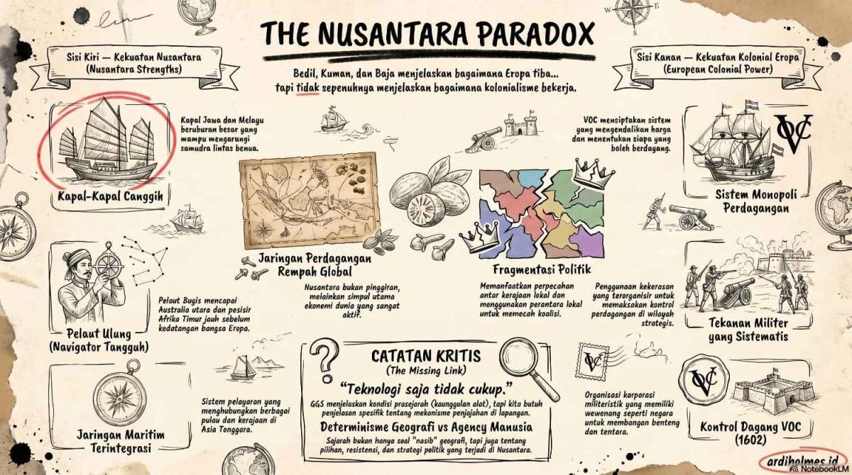 Visual bertema maritim dengan judul besar “The Nusantara Paradox.” Layout dibagi menjadi dua sisi besar. Sisi kiri menampilkan kekuatan Nusantara seperti kapal Jawa dan Melayu berukuran besar, pelaut Bugis yang tangguh, jaringan perdagangan rempah global, dan sistem maritim yang terintegrasi di Asia Tenggara. Sisi kanan menampilkan kekuatan kolonial Eropa seperti monopoli perdagangan VOC, fragmentasi politik lokal, tekanan militer sistematis, dan kontrol perdagangan strategis. Di bagian tengah terdapat ilustrasi peta Nusantara, rempah-rempah, kapal layar, mahkota, dan simbol VOC. Bagian bawah berisi catatan kritis bahwa teknologi saja tidak cukup untuk menjelaskan kolonialisme karena faktor politik dan organisasi kekuasaan juga berperan besar.