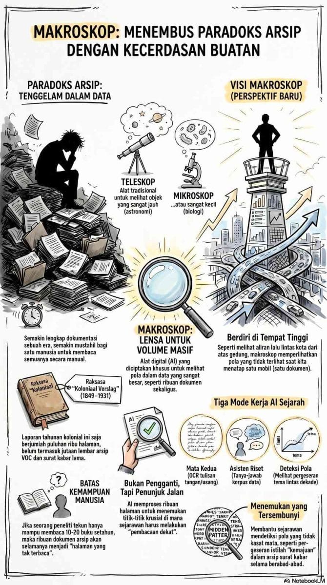 Infografis perbandingan ilustrasi paradoks arsip berupa tumpukan masif dokumen Koloniaal Verslag yang membatasi kemampuan baca manusia, dengan visi AI makroskop yang memungkinkan peneliti menganalisis volume data raksasa dari sudut pandang luas seperti melihat pola lalu lintas kota dari atas gedung.